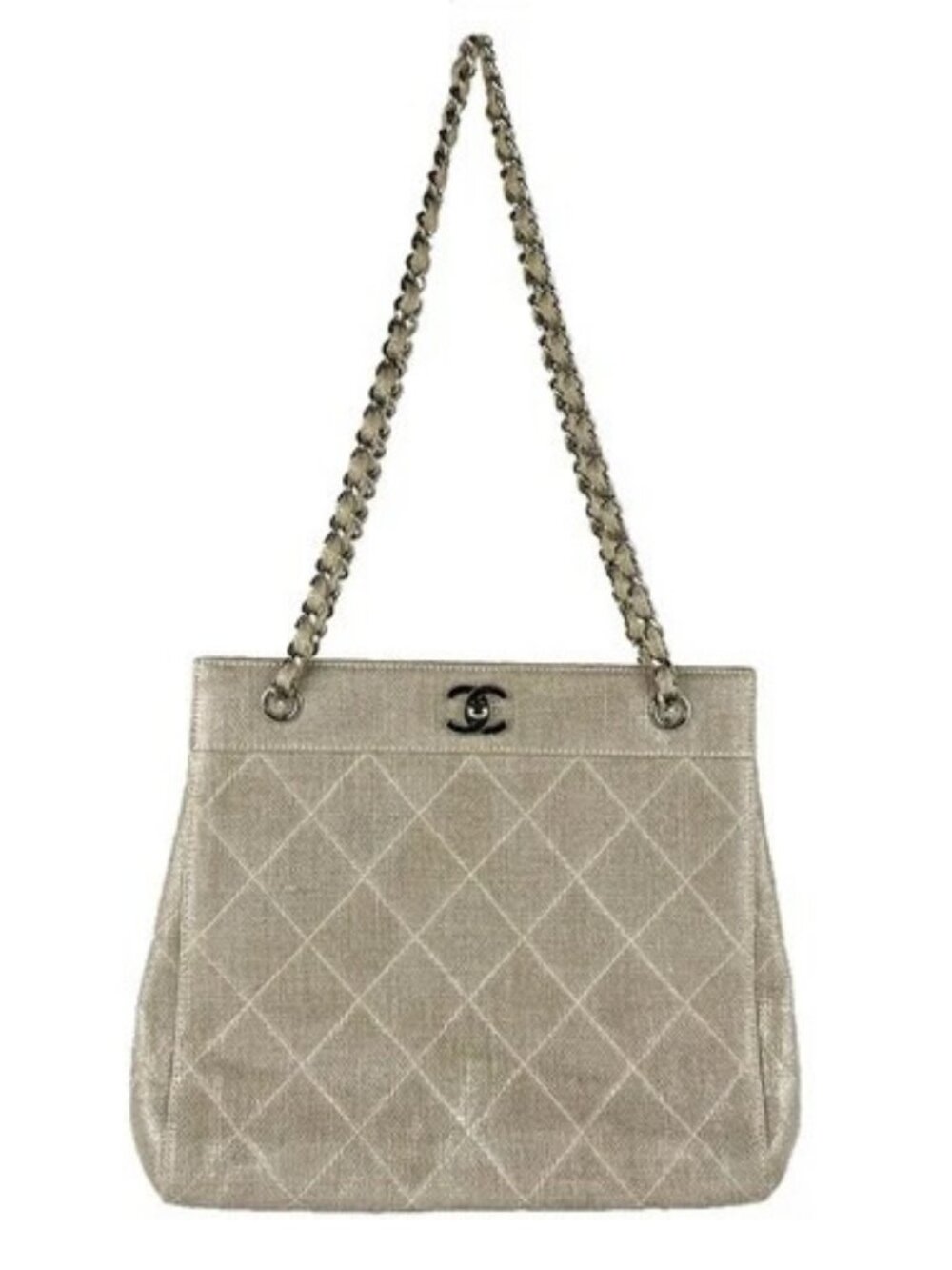Auth CHANEL Chain Shoulder Bag Beige/Silver Coated Canvas/Metal - z9718